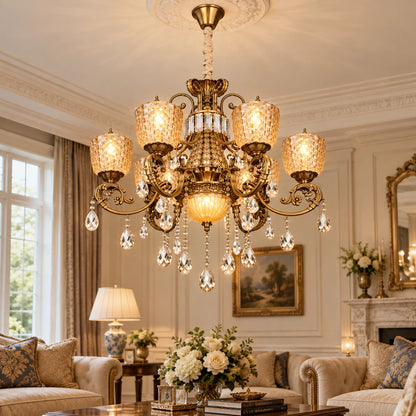 Amber crystal six-light chandelier in a living room
