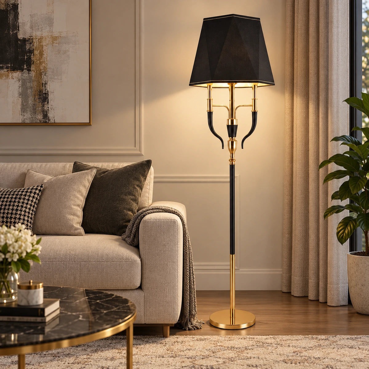 Three-arm shaded floor lamp beside a contemporary sofa