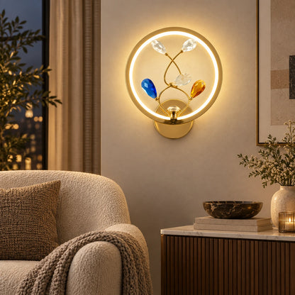 Botanical ring illuminated wall art in a living room