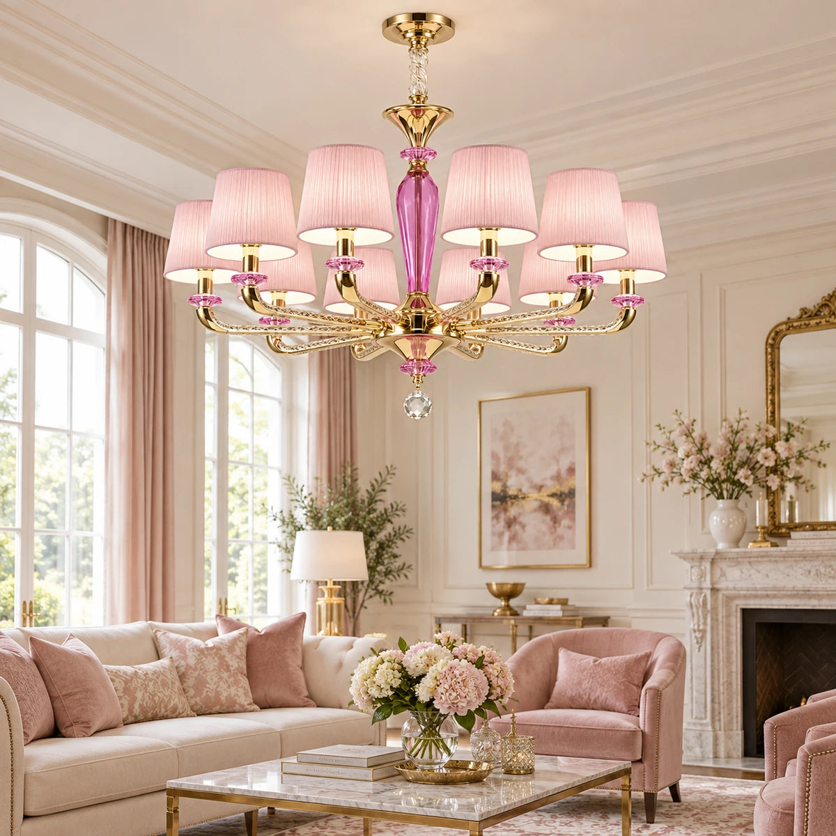 Pink shade ten-light chandelier in a formal living room
