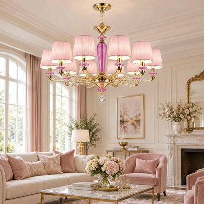 Pink shade ten-light chandelier in a formal living room
