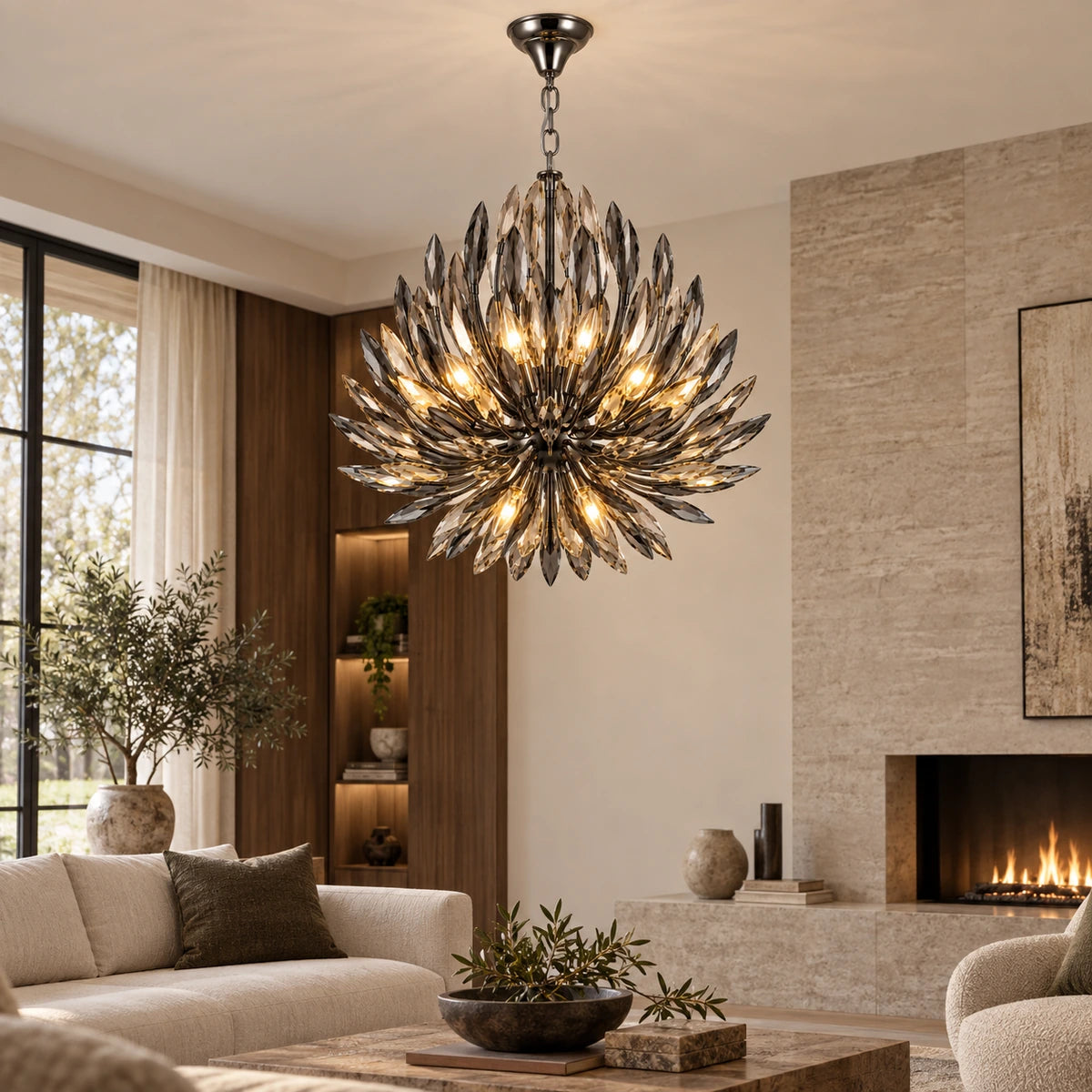 Smoke crystal branch chandelier in a living room