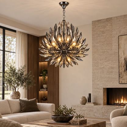 Smoke crystal branch chandelier in a living room