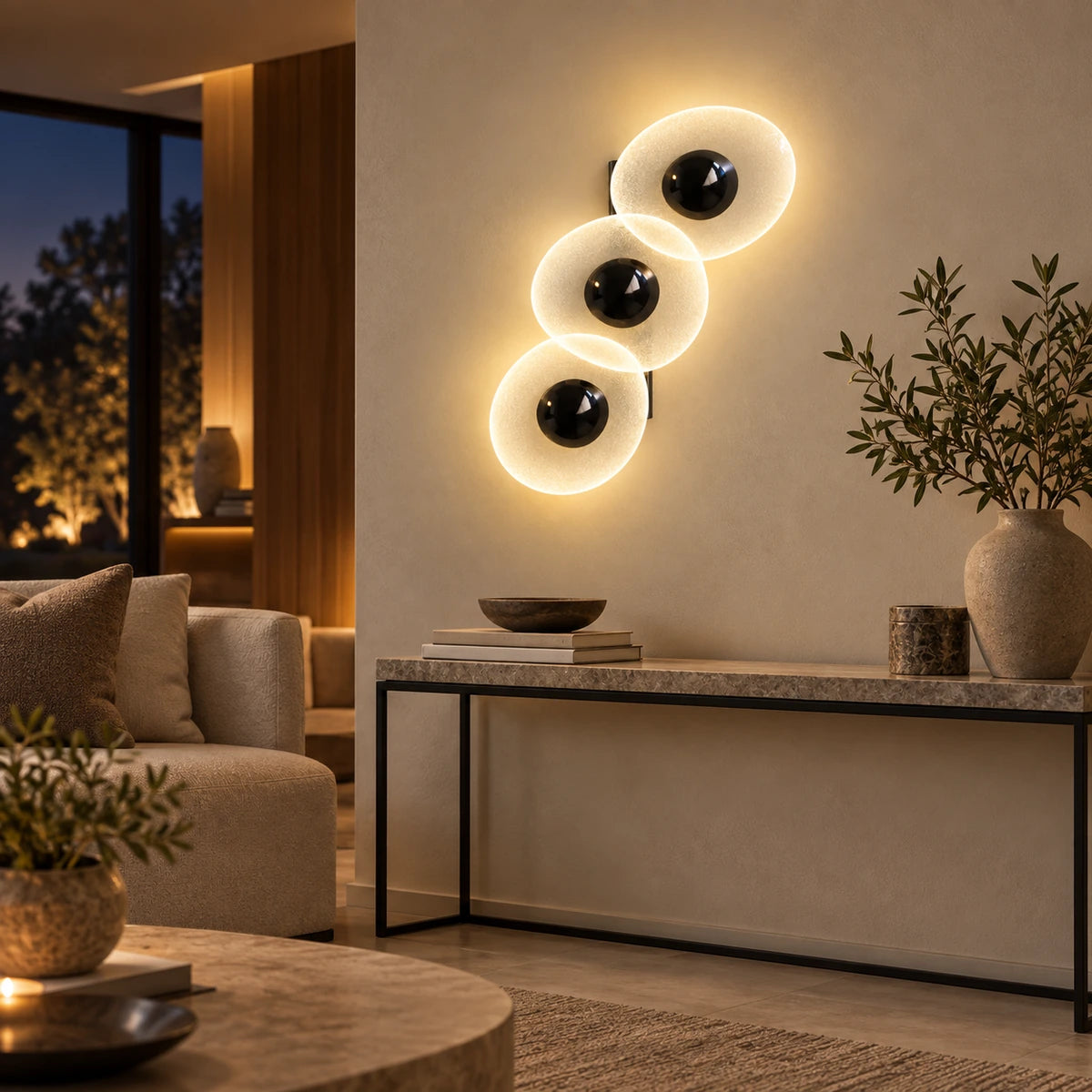 Triple oval illuminated wall art in a living room