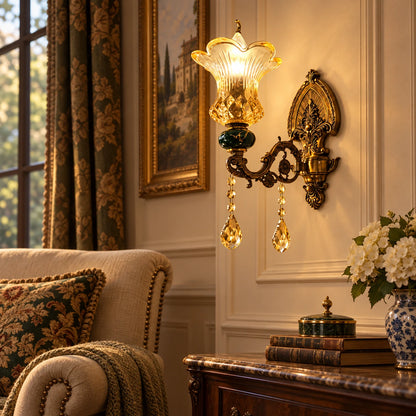 Green and amber floral glass wall sconce in a heritage living room