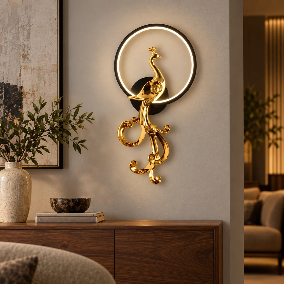 Left-facing peacock ring wall sculpture above a living-room console