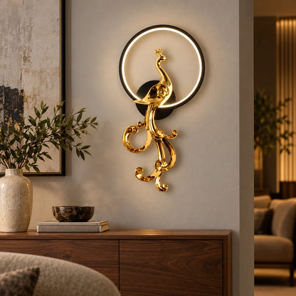 Left-facing peacock ring wall sculpture above a living-room console