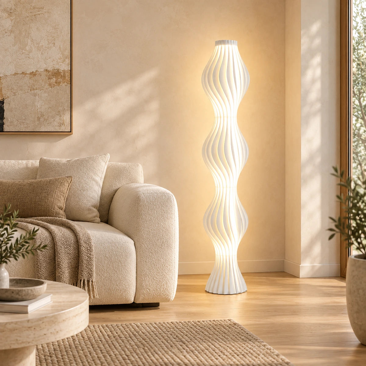 Three-wave floor lamp beside a cream sofa