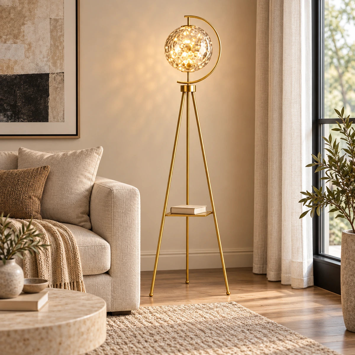 Patterned-globe tripod floor lamp beside living room seating