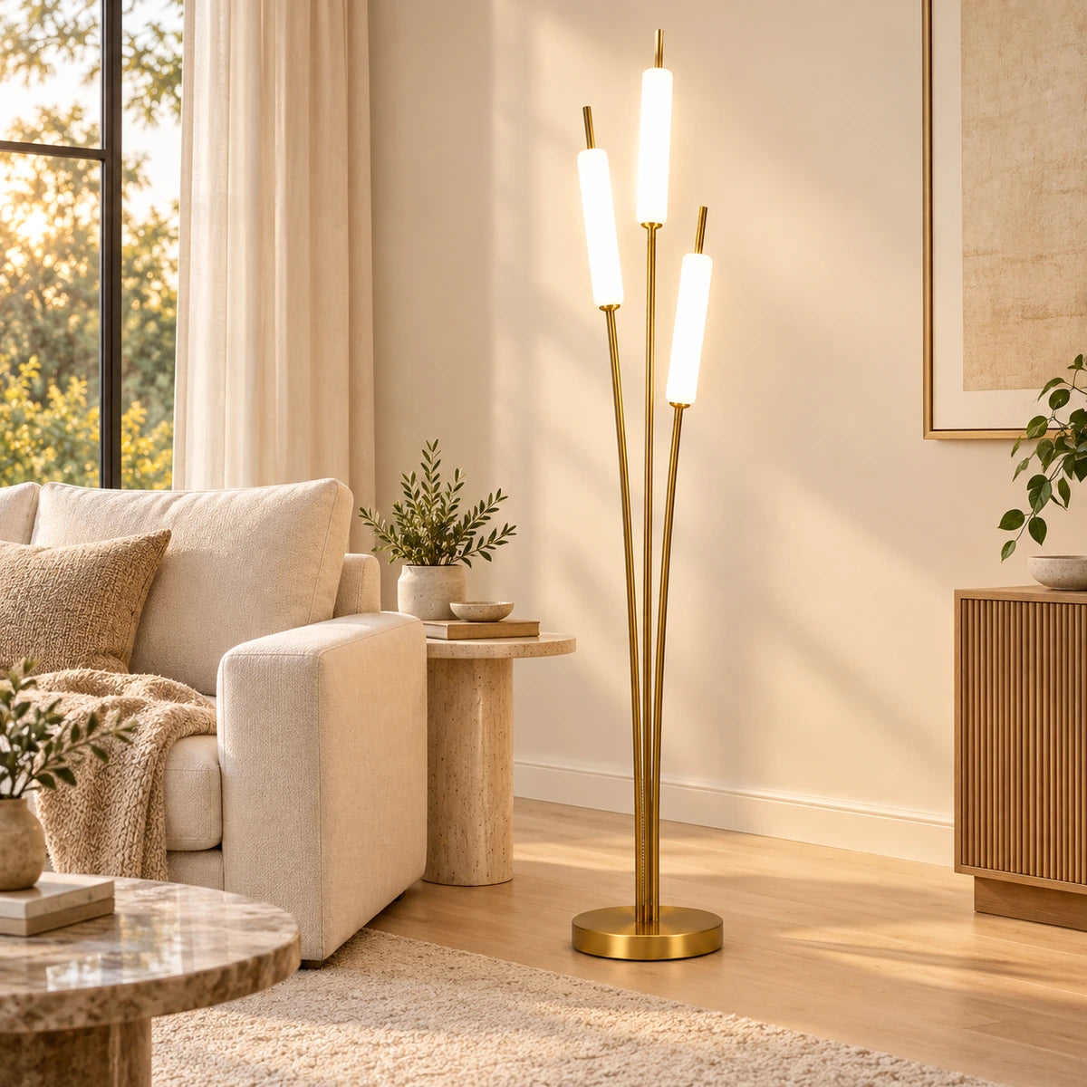 Three-tube floor lamp beside living room seating
