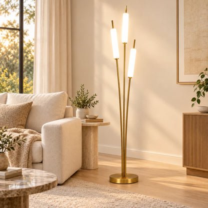 Three-tube floor lamp beside living room seating