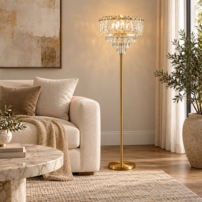 Faceted-accent floor lamp beside living room seating