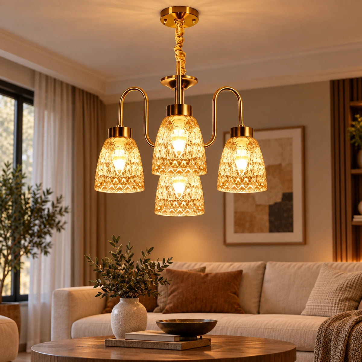 Four-light amber patterned-glass chandelier in a living room
