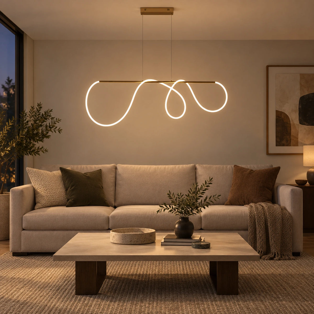 Looped ribbon linear pendant in a warm living room