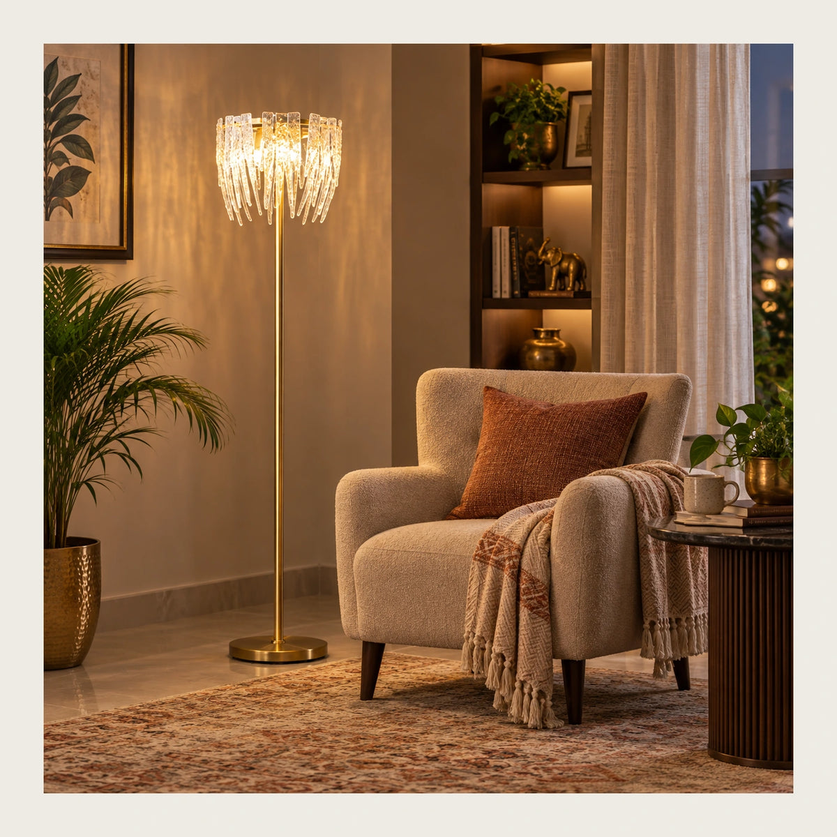 Ribbed-glass fringe floor lamp beside lounge seating