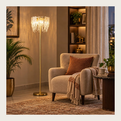 Ribbed-glass fringe floor lamp beside lounge seating