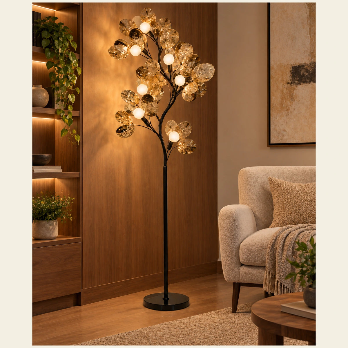 Branching globe floor lamp beside a living-room armchair
