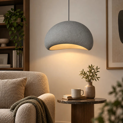 Grey textured curved dome pendant in a warm living room