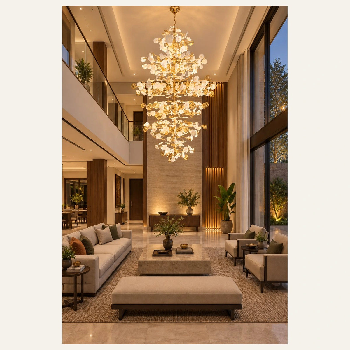 Porcelain leaf branch chandelier in a double-height living room