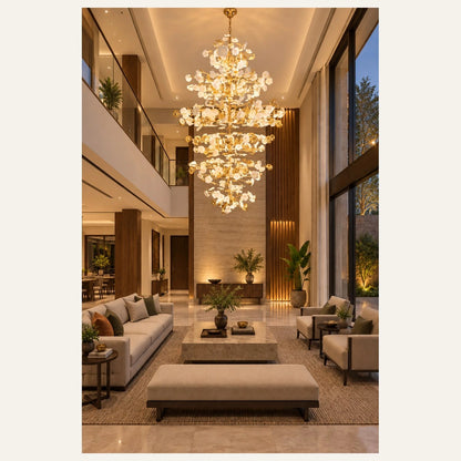 Porcelain leaf branch chandelier in a double-height living room
