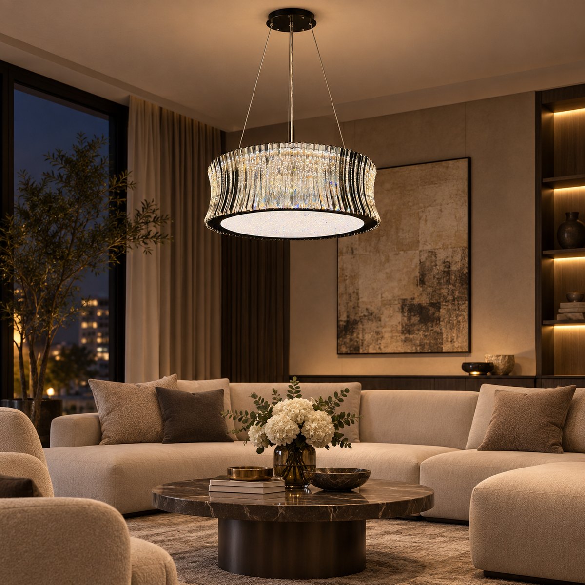 Smoked faceted drum chandelier above a contemporary living-room seating area