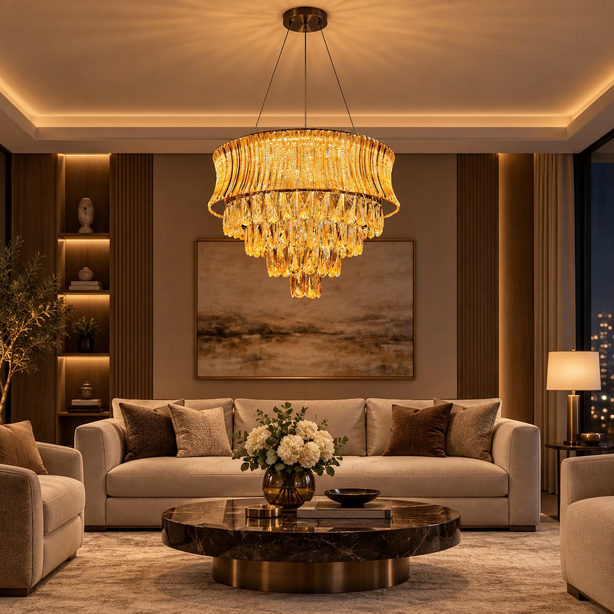 Amber tiered fringe chandelier above a contemporary living-room seating area