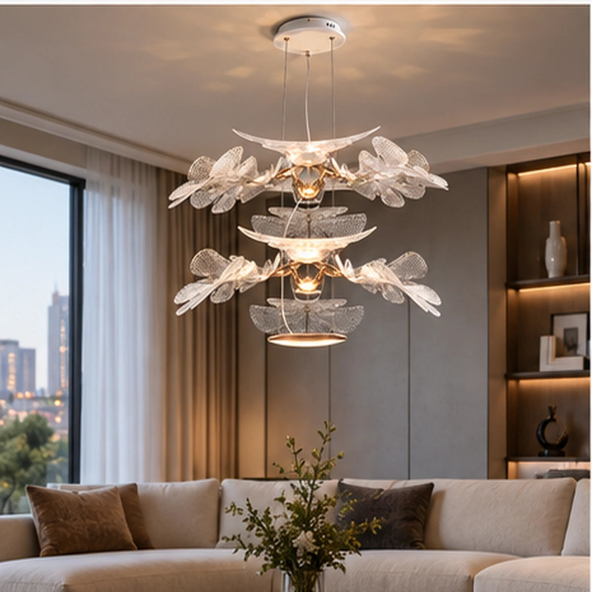 Clear botanical chandelier in a living room
