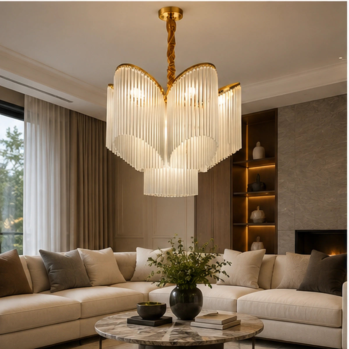 White glass fringe chandelier in a living room