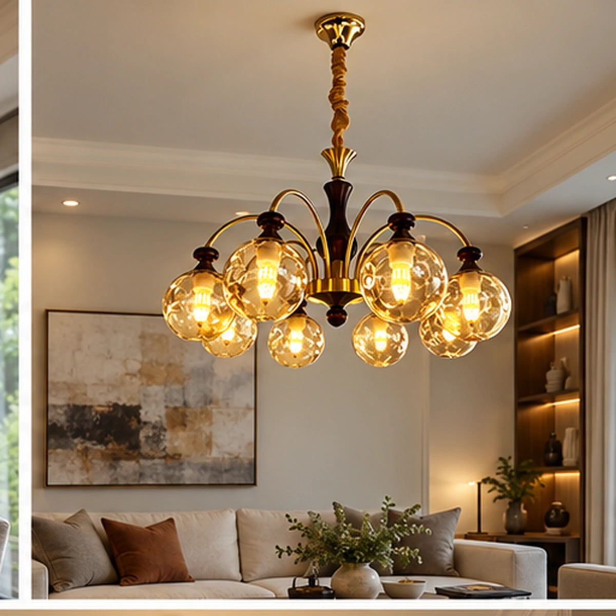 Eight-globe amber chandelier in a living room