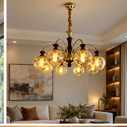 Eight-globe amber chandelier in a living room