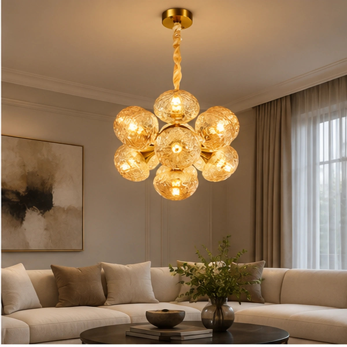 Amber globe cluster chandelier in a living room
