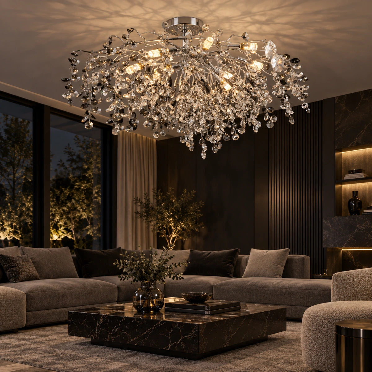 Silver smoke crystal branch chandelier in a living room