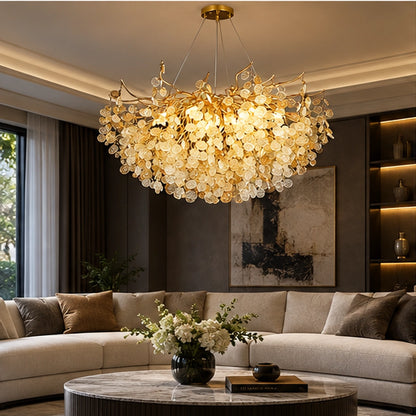 Crystal leaf chandelier in a living room
