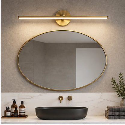 Round-mount linear mirror light above a mirror