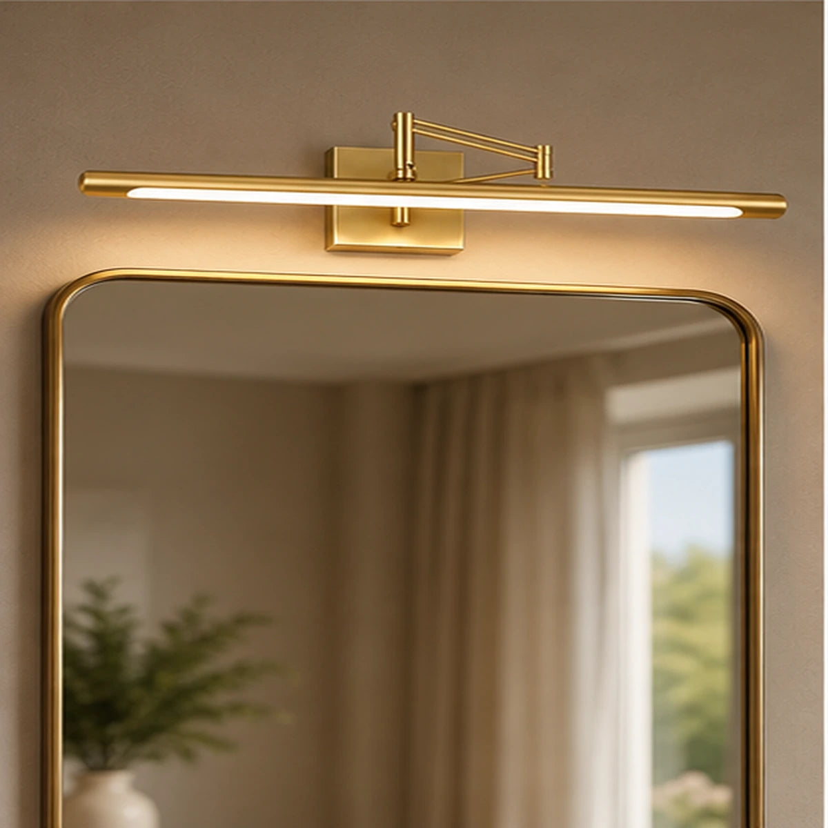 Geometric-bracket picture light above a mirror
