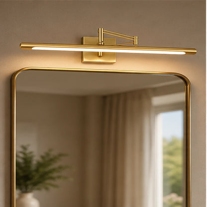 Geometric-bracket picture light above a mirror