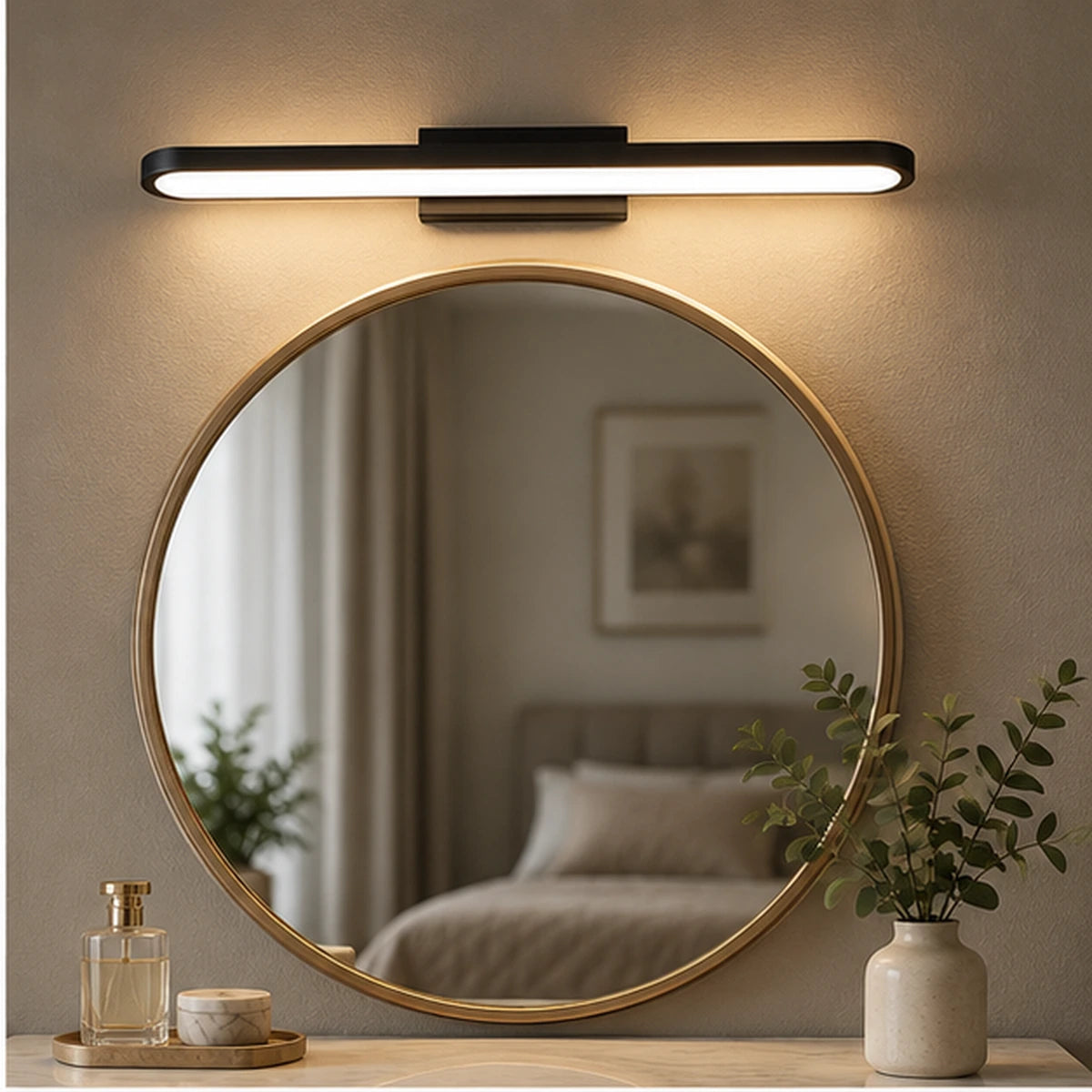 Rounded LED mirror light above a mirror