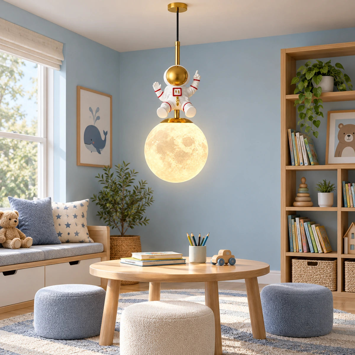 Astronaut globe pendant above a playroom reading table