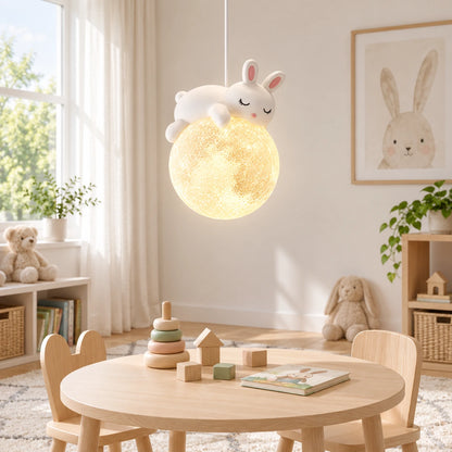 Moonlit Bunny Globe Pendant above a children's activity area