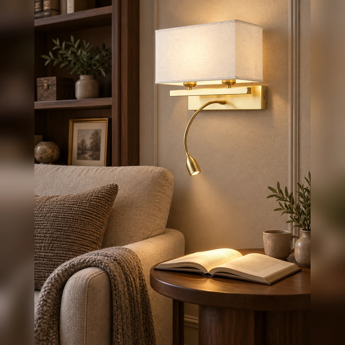 Fabric-shade wall light with flexible reading light in a reading corner