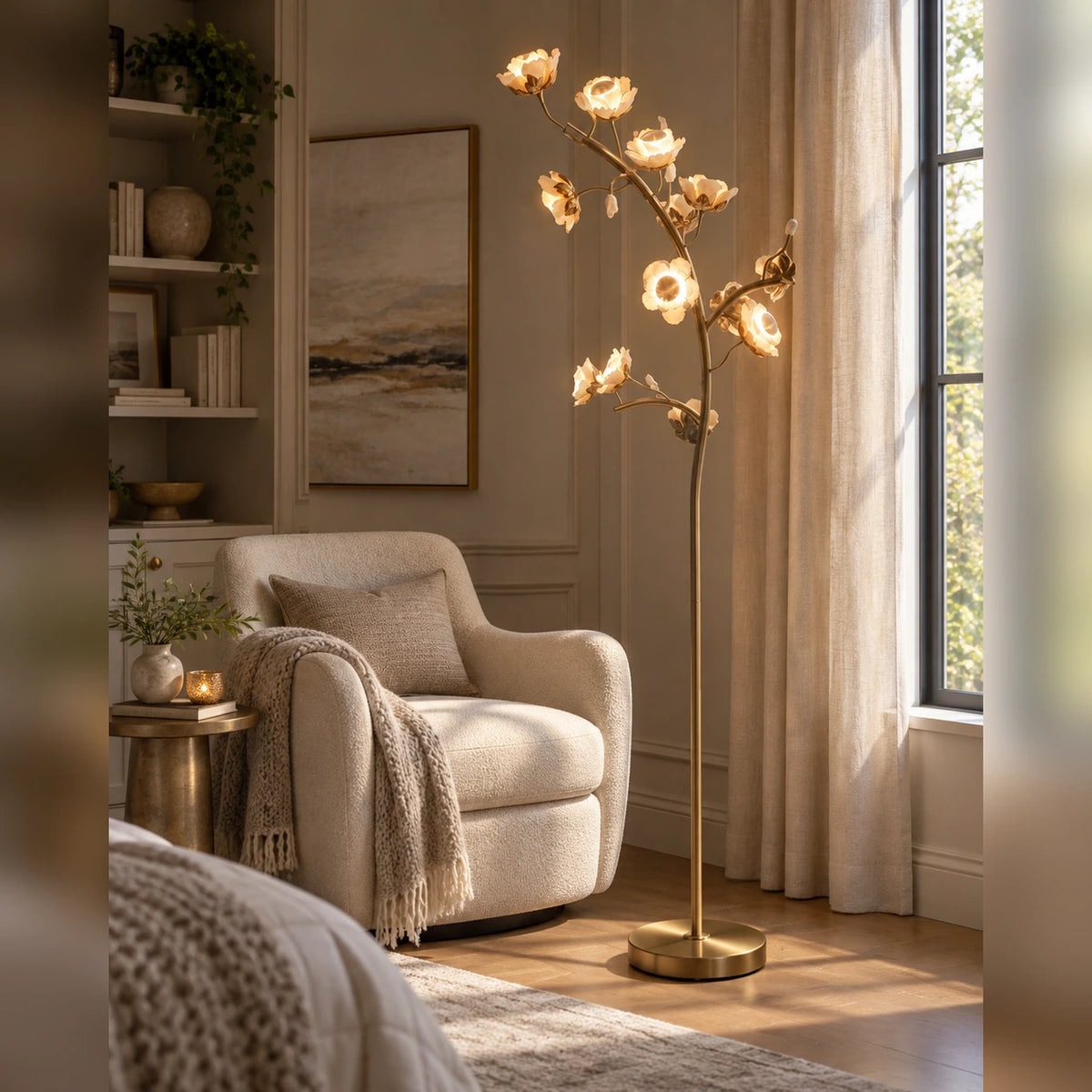 Sculptural floral branch floor lamp beside a reading chair