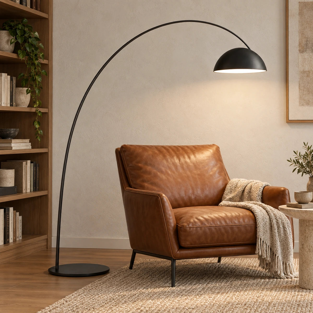Arc floor lamp illuminating a reading corner