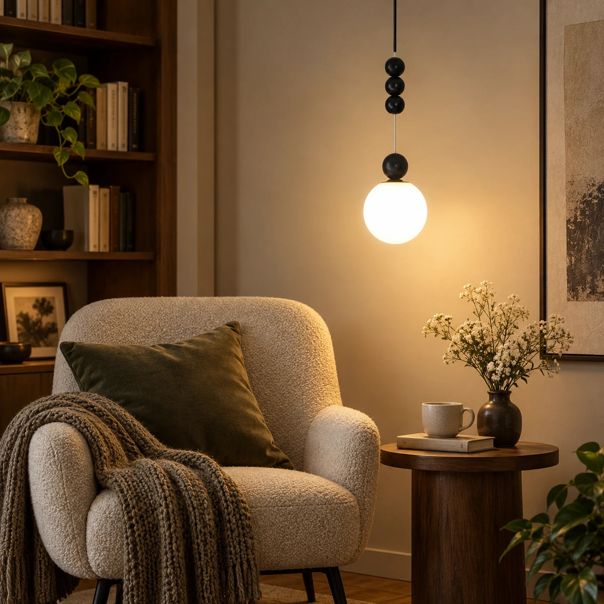 Decorative globe pendant illuminating a refined reading nook