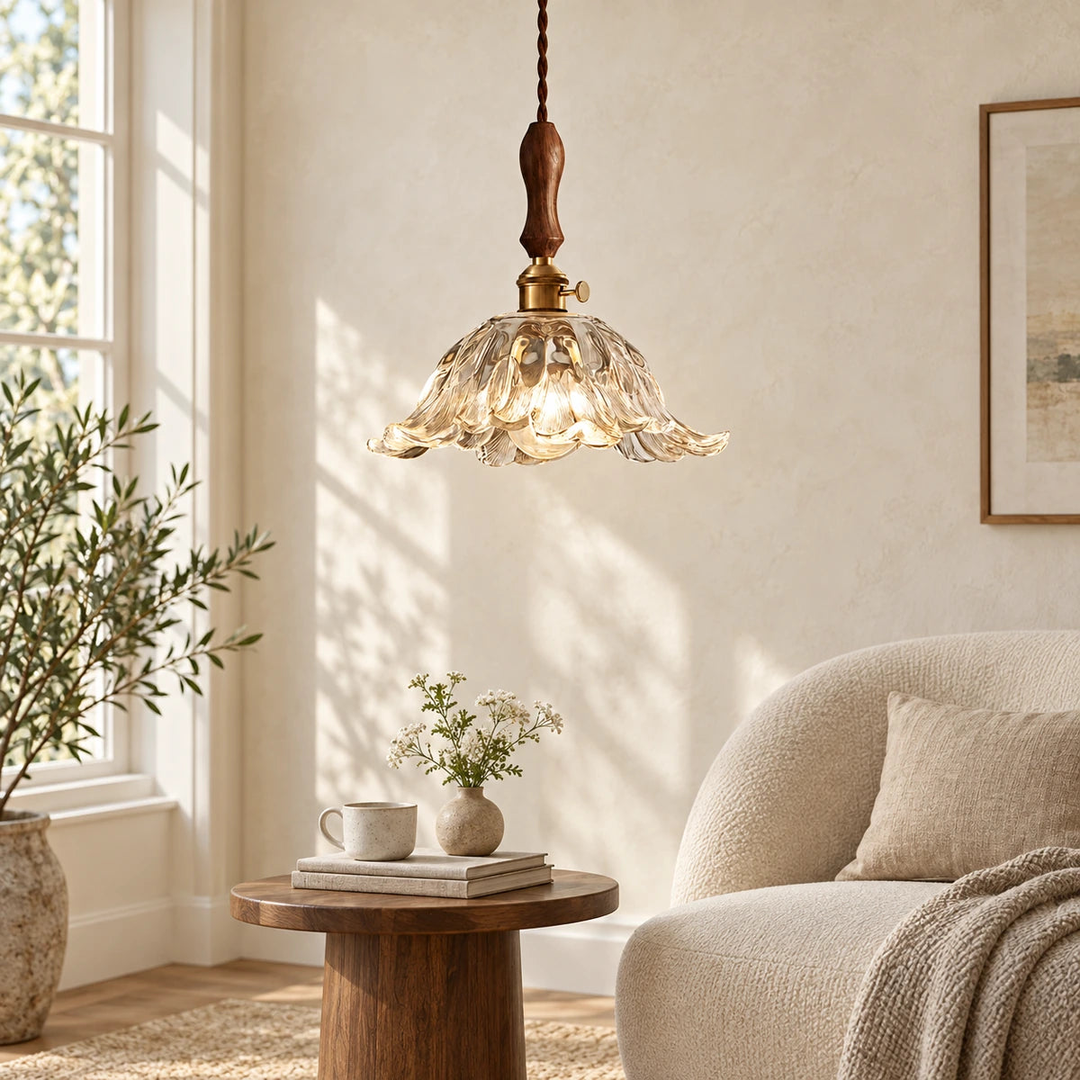Carved glass bell pendant beside a reading chair