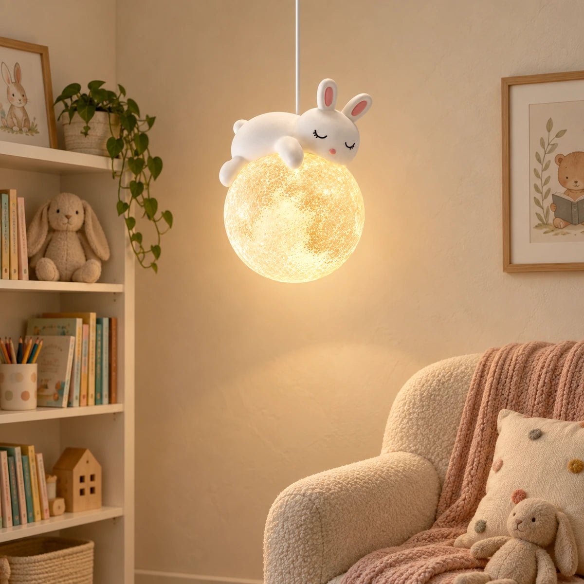 Moonlit Bunny Globe Pendant in a calm reading nook
