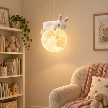 Moonlit Bunny Globe Pendant in a calm reading nook