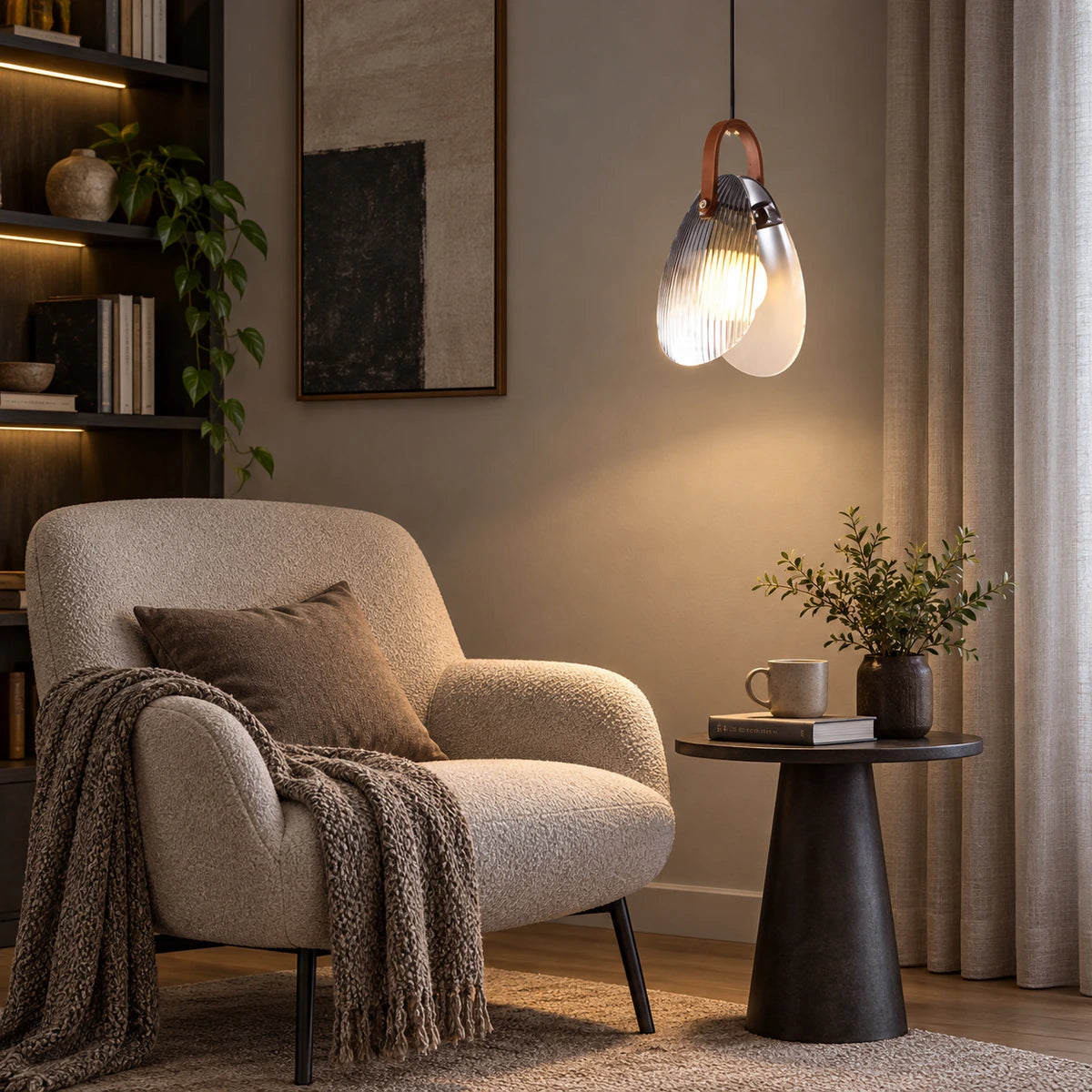 Teardrop glass pendant illuminating a refined reading nook