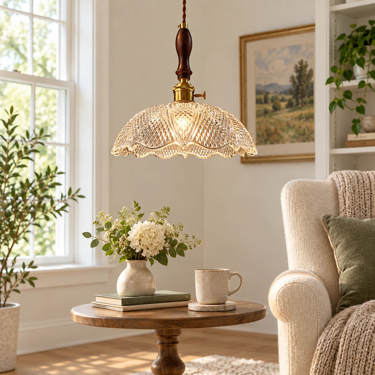 Diamond-cut glass dome pendant beside a reading chair