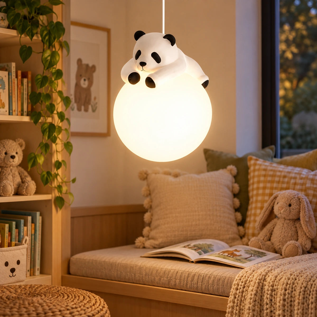 Panda Hug Globe Pendant in a calm reading nook