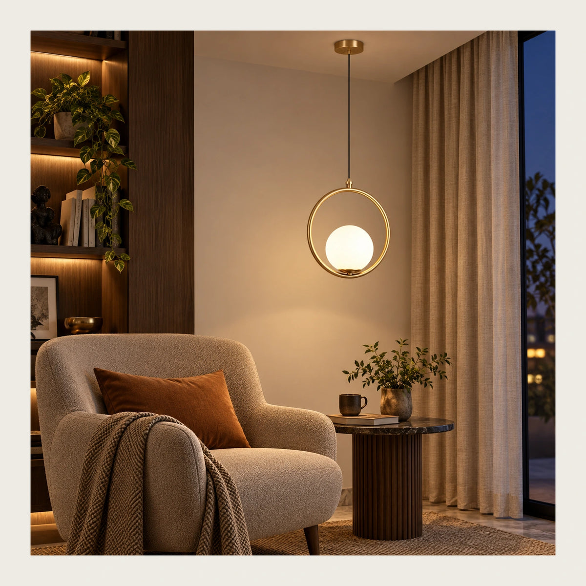 Orbital globe pendant beside a lounge chair